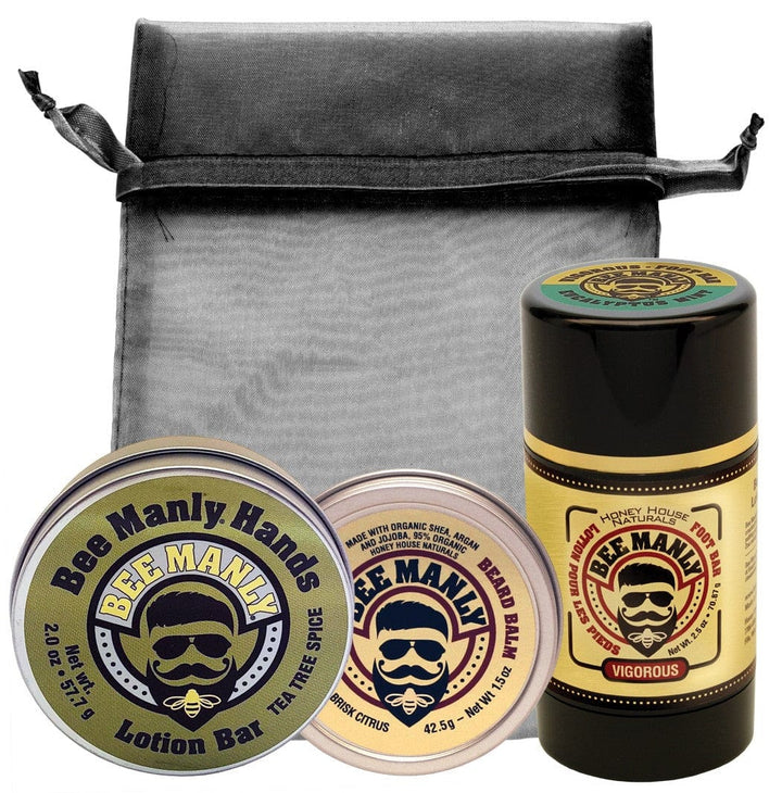 Honey House Naturals Brisk Citrus/Tea Tree Spice/Vigorous Bee Manly Set-Beard Balm, Hand & Foot Bar