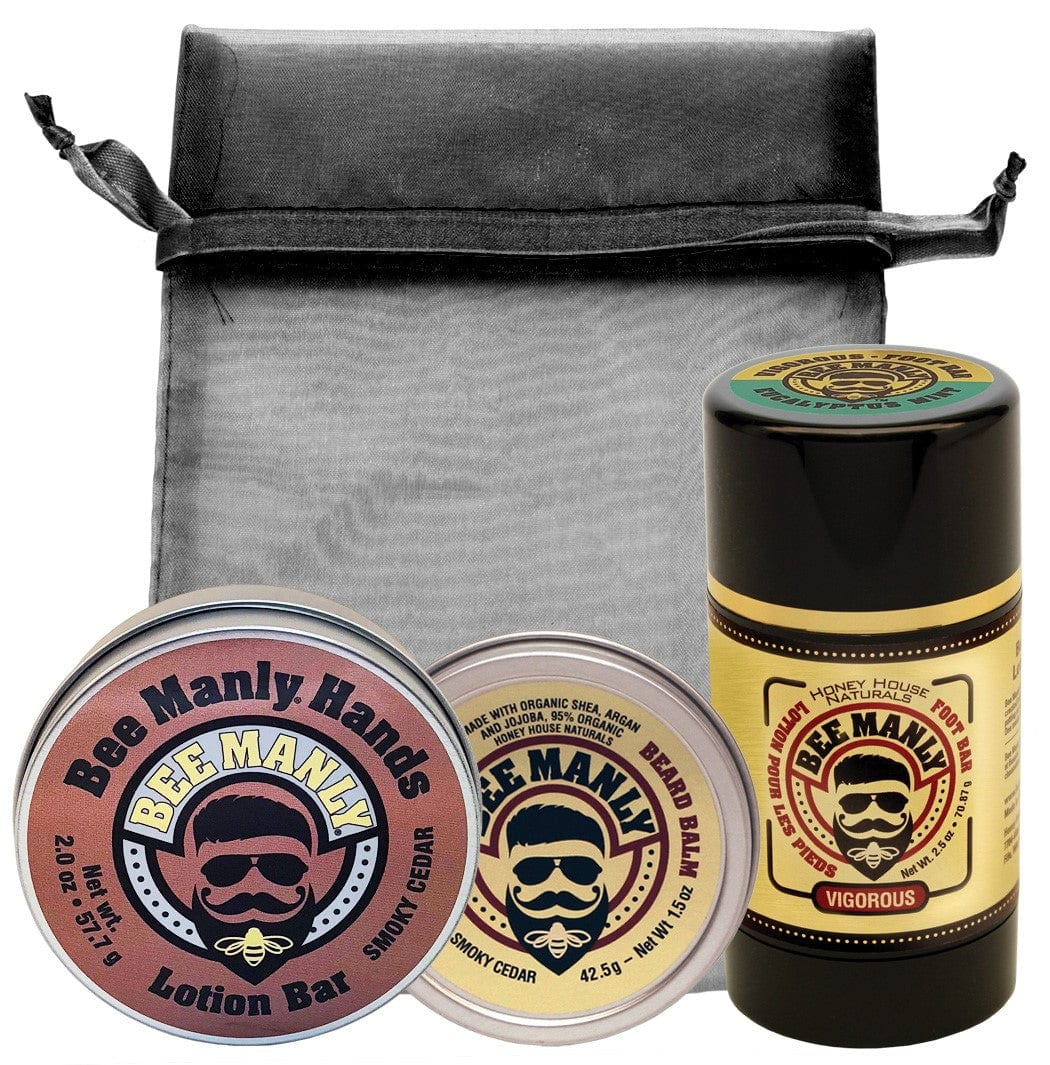 Honey House Naturals Smoky Cedar/Smoky Cedar/Vigorous Bee Manly Set-Beard Balm, Hand & Foot Bar