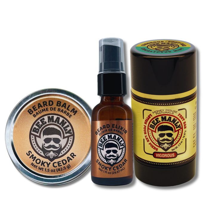 Bee Manly Gift Set: Beard Balm, Elixir &amp; Foot Bar Set