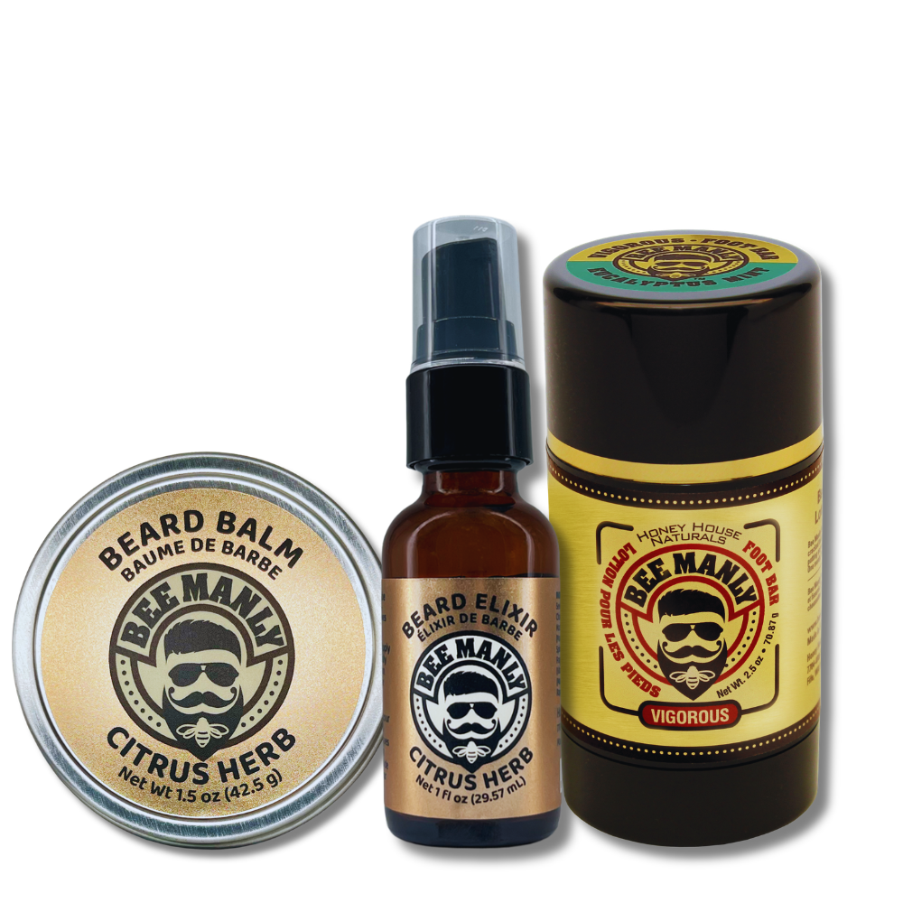 Bee Manly Gift Set: Beard Balm, Elixir &amp; Foot Bar Set