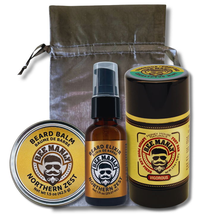 Bee Manly Gift Set: Beard Balm, Elixir &amp; Foot Bar Set