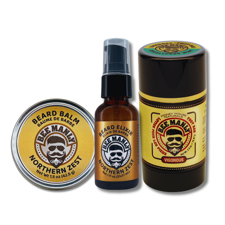 Bee Manly Gift Set: Beard Balm, Elixir &amp; Foot Bar Set