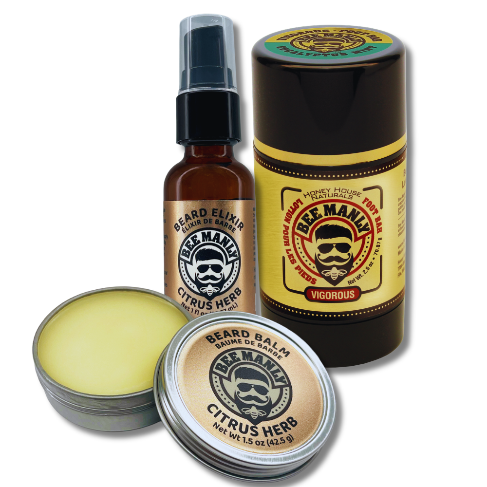 Bee Manly Gift Set: Beard Balm, Elixir &amp; Foot Bar Set