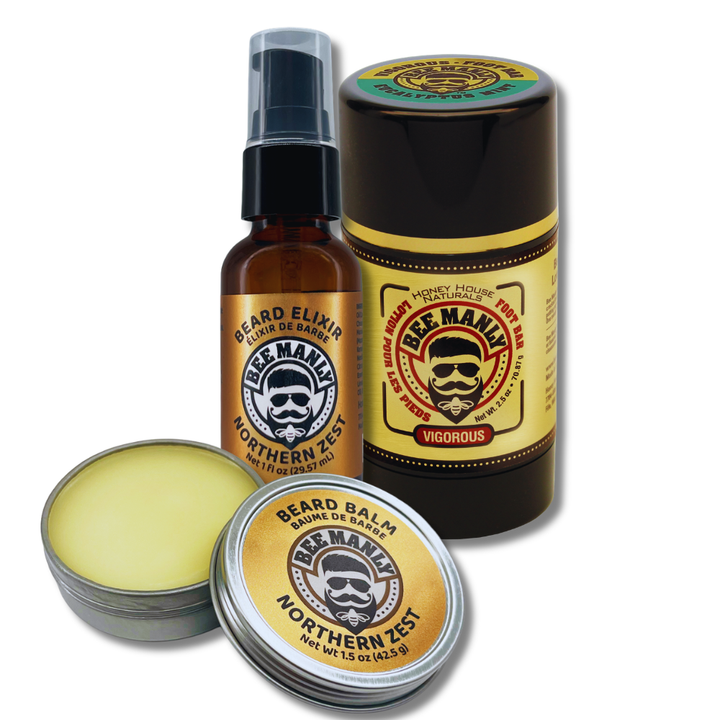 Bee Manly Gift Set: Beard Balm, Elixir &amp; Foot Bar Set