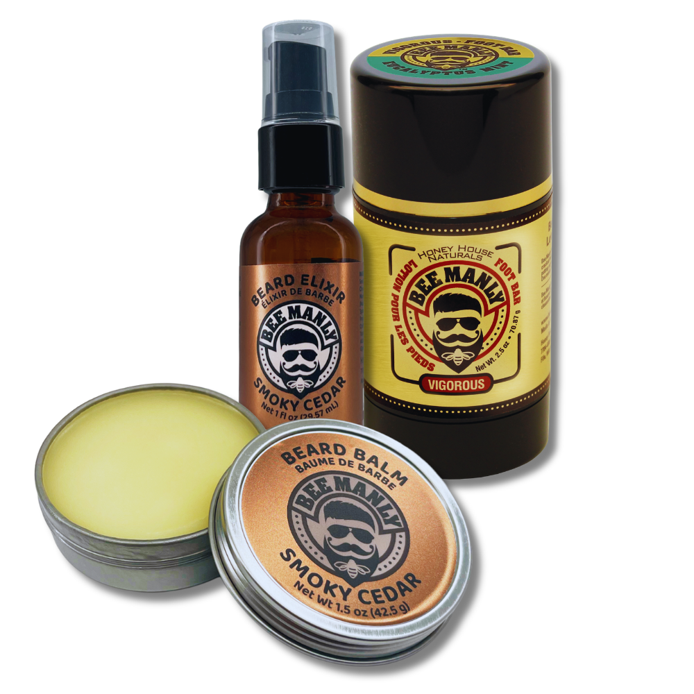 Bee Manly Gift Set: Beard Balm, Elixir &amp; Foot Bar Set