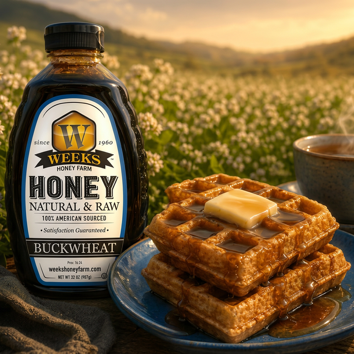 Raw Buckwheat Honey - Pure, All-Natural, Antioxidant-Rich, Dark &amp; Robust Molasses Flavor for Coffee, Waffles, BBQ Sauce | Weeks Honey Farm